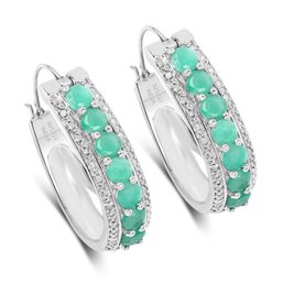 3.42 Carat Genuine Emerald And White Diamond .925 Sterling Silver Earrings