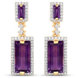 18K Yellow Gold Plated 6.01 Carat Genuine Amethyst And White Topaz .925 Sterling Silver Earrings