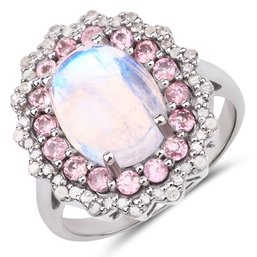 5.50 Carat Genuine Pink Tourmaline, Rainbow And White Diamond .925 Sterling Silver Ring