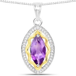 1.56 Carat Genuine Amethyst And White Diamond 14K Yellow Gold With .925 Sterling Silver Pendant