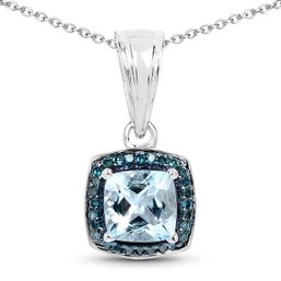 0.83 Carat Genuine Aquamarine And Blue Diamond .925 Sterling Silver Pendant