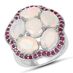 4.66 Carat Genuine Ethiopian Opal And Ruby .925 Sterling Silver Ring