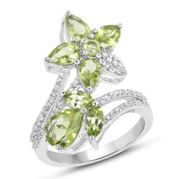 3.35 Carat Genuine Peridot And White Topaz .925 Sterling Silver Ring