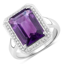 5.33 Carat Genuine Amethyst And White Diamond .925 Sterling Silver Ring
