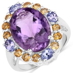 9.66 Carat Genuine Amethyst, Citrine And Tanzanite .925 Sterling Silver Ring