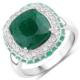 4.90 Carat Emerald, Emerald And White Topaz .925 Sterling Silver Ring