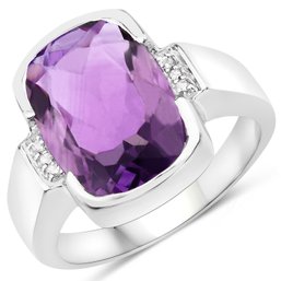 6.53 Carat Genuine Amethyst And White Diamond .925 Sterling Silver Ring