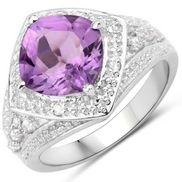 2.82 Carat Genuine Amethyst And White Topaz .925 Sterling Silver Ring