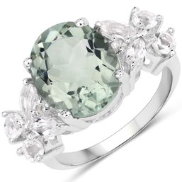 5.45 Carat Genuine Green Amethyst And White Topaz .925 Sterling Silver Ring