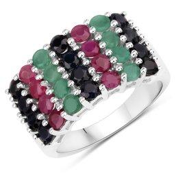 3.40 Carat Genuine Emerald, Ruby And Black Sapphire .925 Sterling Silver Ring