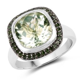 5.19 Carat Genuine Green Amethyst And Green Diamond .925 Sterling Silver Ring, Size 7.00