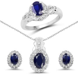 2.94 Carat Genuine Blue Sapphire And White Topaz .925 Sterling Silver 3 Piece Jewelry Set
