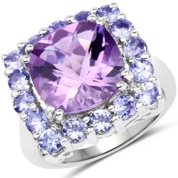 6.63 Carat Genuine Amethyst And Tanzanite .925 Sterling Silver Ring