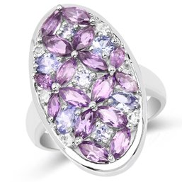 3.13 Carat Genuine Amethyst, Tanzanite And White Topaz .925 Sterling Silver Ring