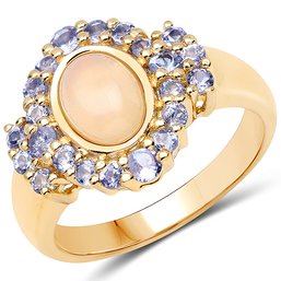 14K Yellow Gold Plated 1.74 Carat Genuine Ethiopian Opal And Tanzanite .925 Sterling Silver Ring