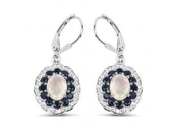2.80 Carat Genuine Ethiopian Opal, Blue Sapphire And White Topaz .925 Sterling Silver Earrings