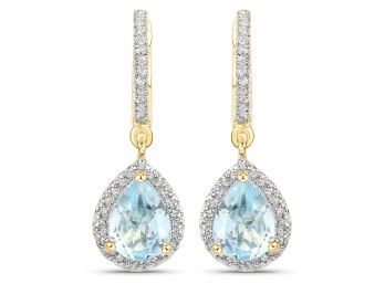 18K Yellow Gold Plated 2.59 Carat Genuine Blue Topaz And White Topaz .925 Sterling Silver Earrings