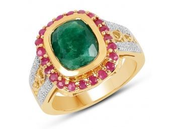 14K Yellow Gold Plated 4.80 Ct. T.w. Emerald And Ruby Ring In Sterling Silver, Size 7.00