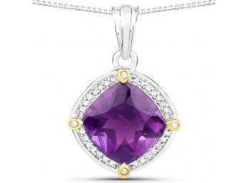 3.20 Carat Genuine Amethyst And White Diamond 18K Yellow Gold With .925 Sterling Silver Pendant