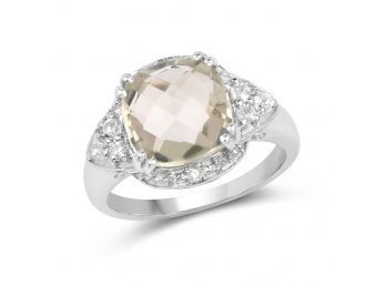 3.58 Carat Genuine Green Amethyst And White Topaz .925 Sterling Silver Ring, Size 8.00