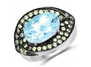 7.39 Carat Genuine Blue Topaz And Peridot .925 Sterling Silver Ring, Size 8.00