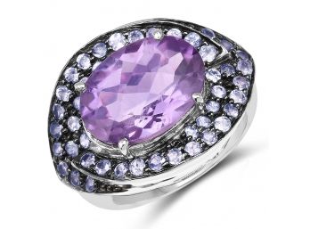 5.95 Carat Genuine Amethyst And Tanzanite .925 Sterling Silver Ring, Size 8.00