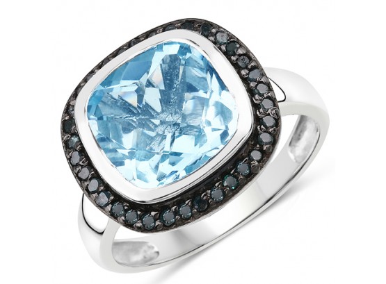 5.23 Carat Genuine Baby Swiss Blue Topaz And Black Diamond .925 Sterling Silver Ring