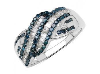 0.88 Carat Genuine Blue Diamond & White Diamond .925 Sterling Silver Ring