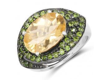 6.11 Carat Genuine Citrine And Chrome Diopside .925 Sterling Silver Ring
