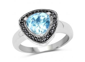2.06 Carat Genuine Baby Swiss Blue Topaz And Black Diamond .925 Sterling Silver Ring