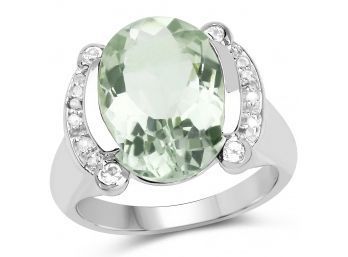 8.12 Carat Genuine Green Amethyst, White Topaz & White Diamond .925 Sterling Silver Ring Size 8