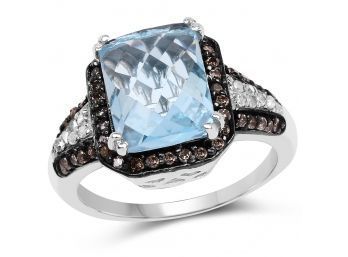 4.33 Carat Genuine Swiss Blue Topaz, Champagne Diamond & White Diamond .925 Sterling Silver Ring