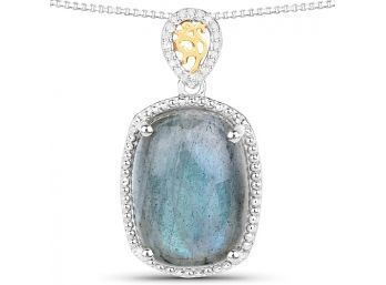 11.05 Carat Genuine Labradorite And White Diamond 14K Yellow Gold With .925 Sterling Silver Pendant