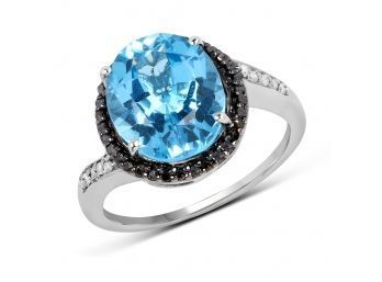 5.48 Carat Genuine Swiss Blue Topaz, Black Diamond And White Diamond .925 Sterling Silver Ring