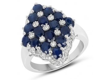 3.48 Carat Genuine Blue Sapphire And White Zircon .925 Sterling Silver Ring