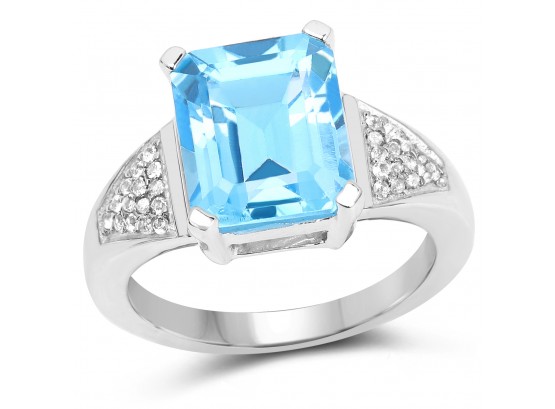 5.75 Carat Genuine Swiss Blue Topaz And White Topaz .925 Sterling Silver Ring