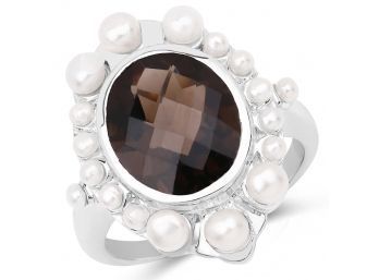 5.75 Carat Genuine Smoky Quartz And Pearl .925 Sterling Silver Ring
