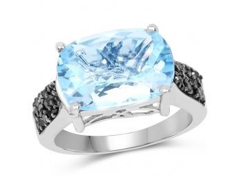 3.96 Carat Genuine Baby Swiss Blue Topaz And Black Diamond .925 Sterling Silver Ring