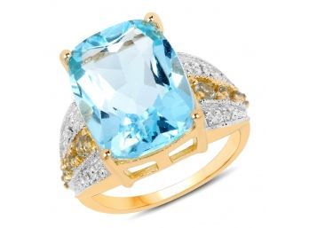 14K Yellow Gold Plated 12.42 Carat Genuine Blue Topaz And White Topaz .925 Sterling Silver Ring