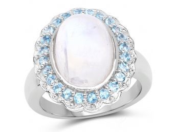 7.21 Carat Genuine White Rainbow Moonstone & Swiss Blue Topaz .925 Sterling Silver Ring