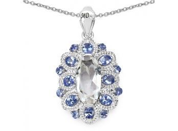 6.10 Carat Genuine Crystal Quartz, Tanzanite & White Diamond .925 Sterling Silver Pendant