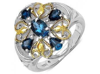 Two Tone Plated 1.45 Carat Genuine London Blue Topaz .925 Sterling Silver Ring