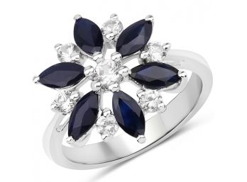2.28 Carat Genuine Blue Sapphire And White Zircon .925 Sterling Silver Ring, Size 8.00