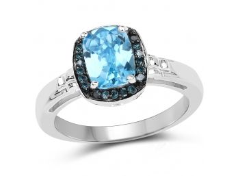 1.97 Carat Genuine Baby Swiss Blue Topaz And Blue Diamond .925 Sterling Silver Ring