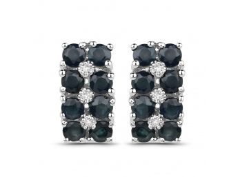 1.95 Carat Genuine Blue Sapphire And White Diamond .925 Sterling Silver Earrings