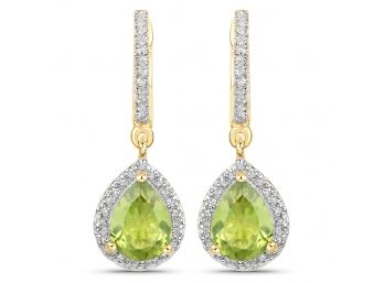 18K Yellow Gold Plated 2.09 Carat Genuine Peridot And White Topaz .925 Sterling Silver Earrings