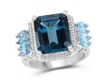 8.17 Carat Genuine London Blue Topaz And Swiss Blue Topaz .925 Sterling Silver Ring