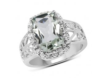 3.94 Carat Genuine Green Amethyst And White Topaz .925 Sterling Silver Ring
