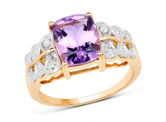 14K Yellow Gold Plated 2.65 Carat  Genuine Amethyst And White Diamond .925 Sterling Silver Ring