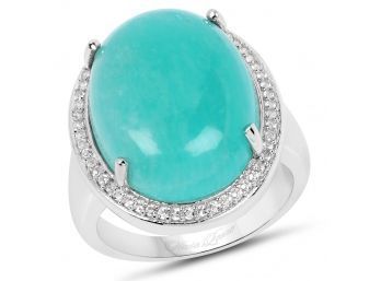 15.09 Carat Genuine Amazonite And White Topaz .925 Sterling Silver Ring